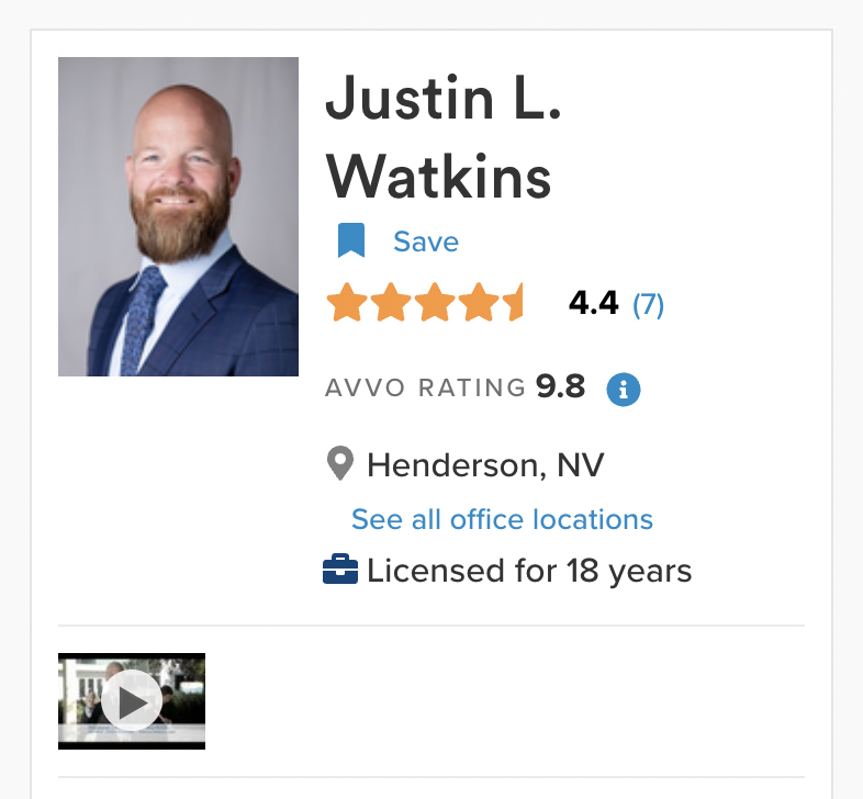 Las Vegas Personal Injury Lawyer Justin Watkins Avvo Rating
