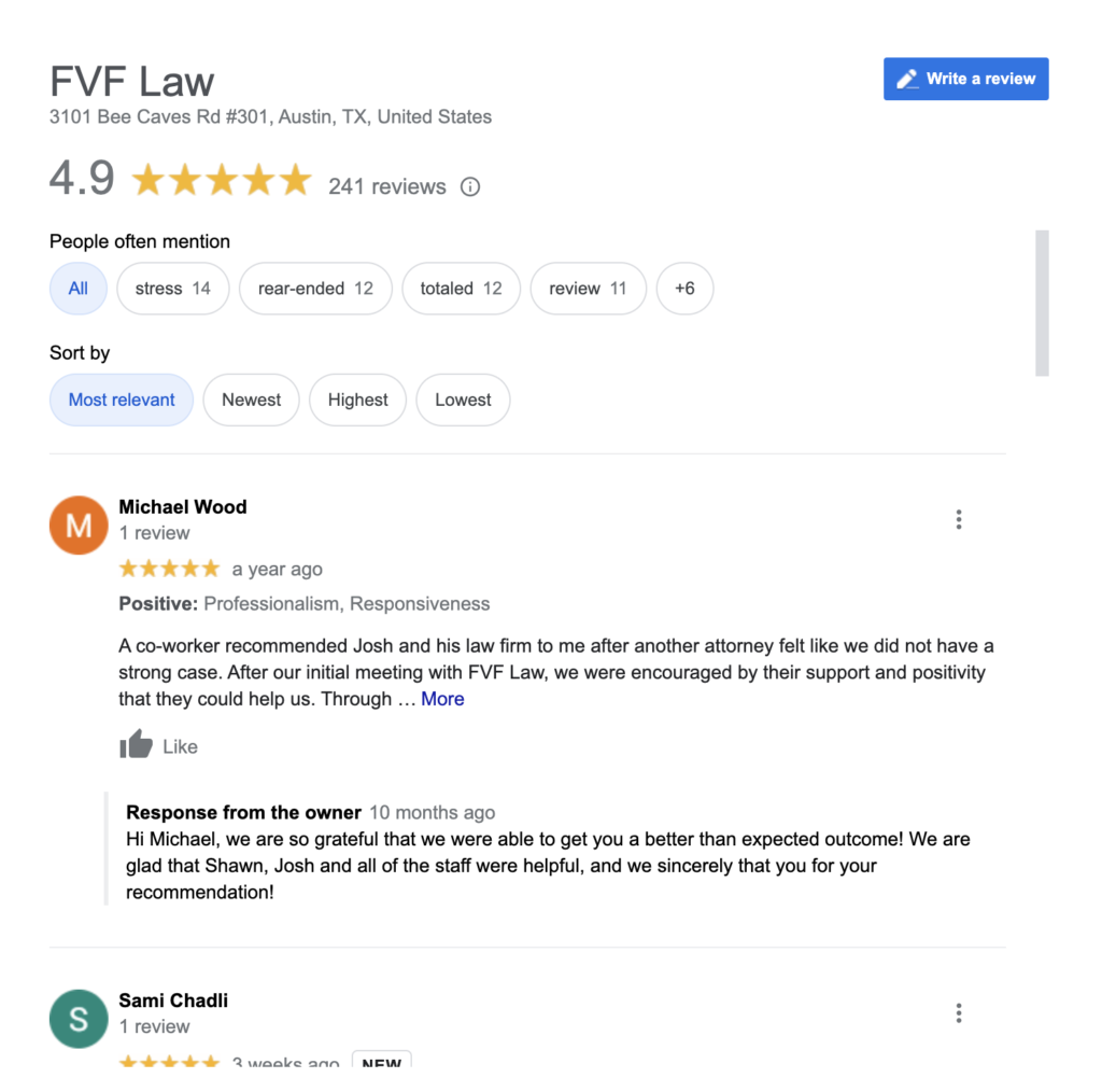 Online reviews - personal injury lawyer in Austin